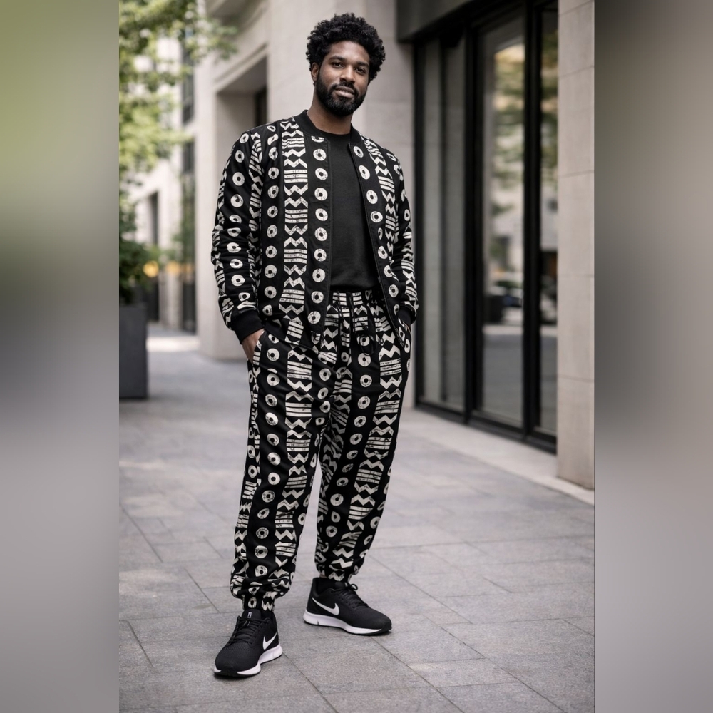 Black and White Patterned Jacket and Pants Set